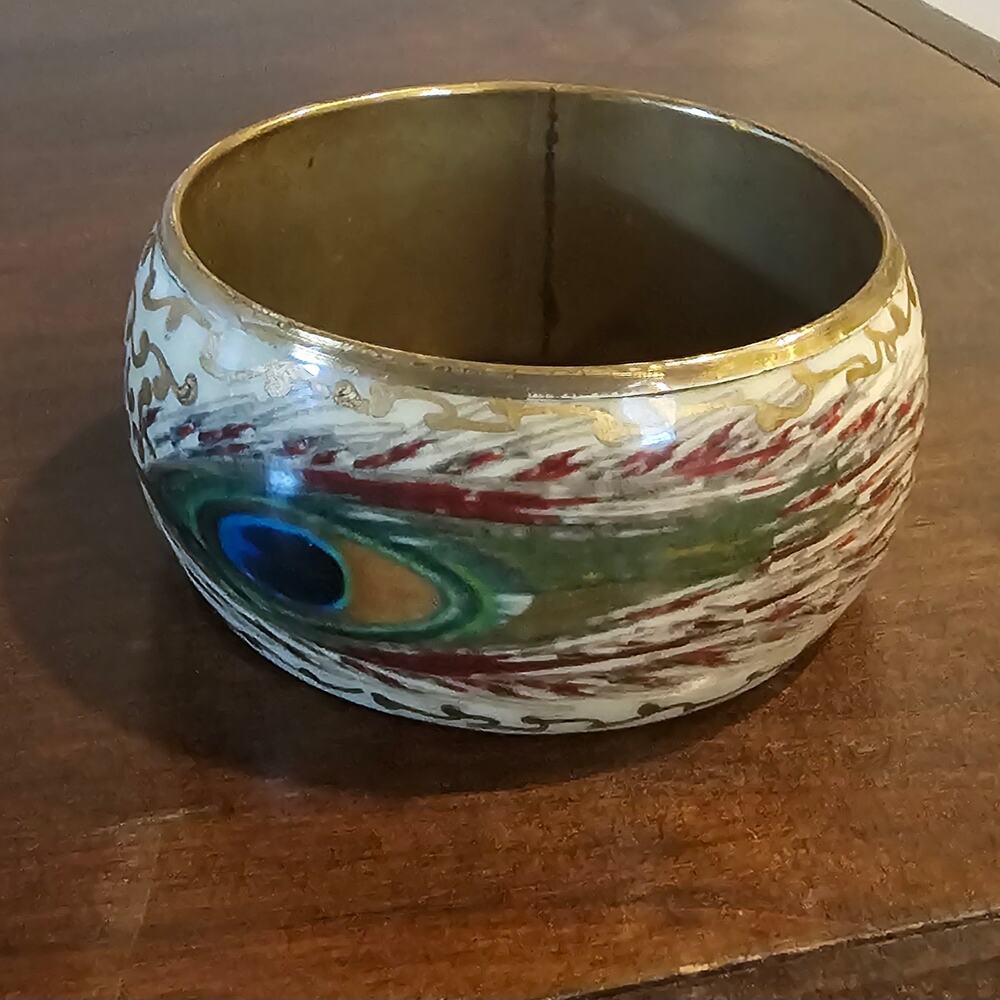 Vintage Wide Brass and Enamel Peacock Bracelet